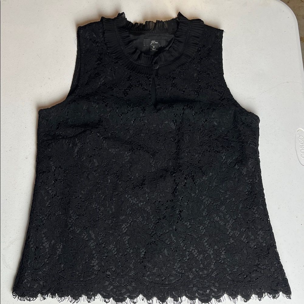 J. Crew Black Floral Lace Ruffle Collar Sleeveless Blouse